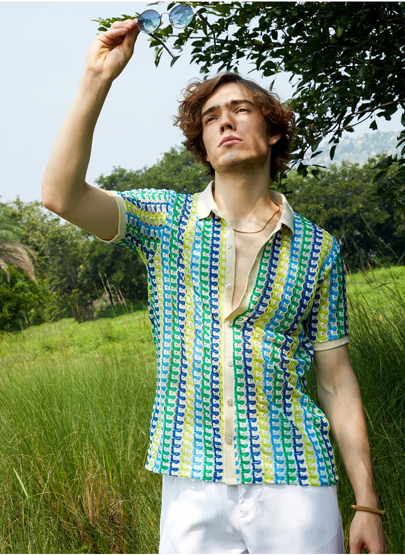 كامبوس سوترا Men's Multicolour Loop-Stripe Knit Shirt