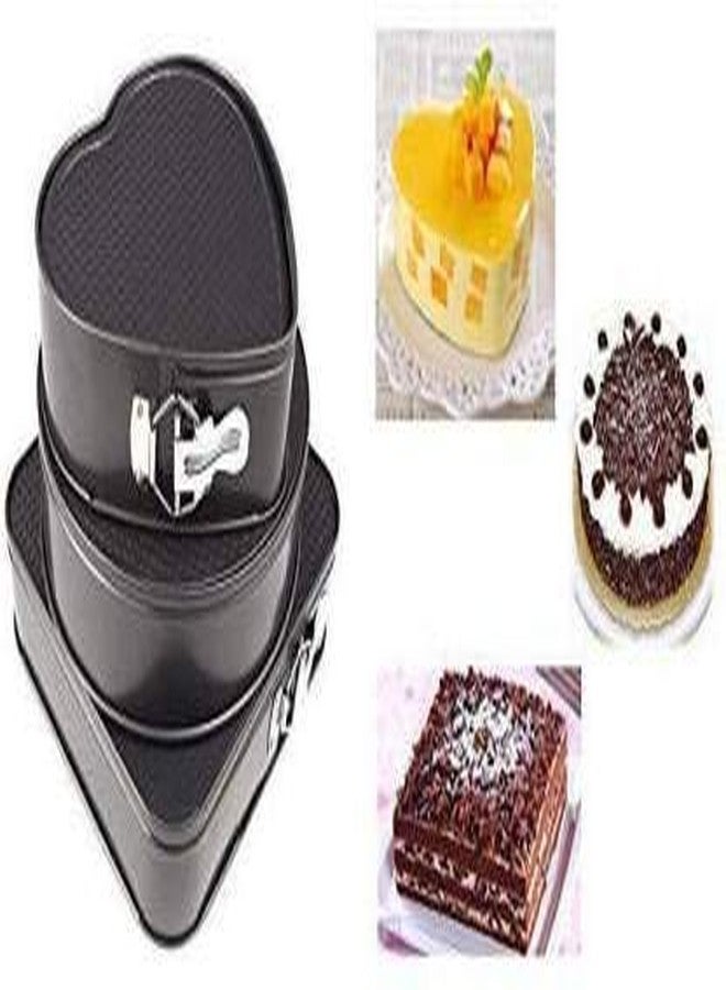 FB Cake Moulds for Microwave Oven Bakeware Spring Form Cake Mould Tin Set of 3 Pcs Mold Heart, Round & Square Shap (Black) - Image 2