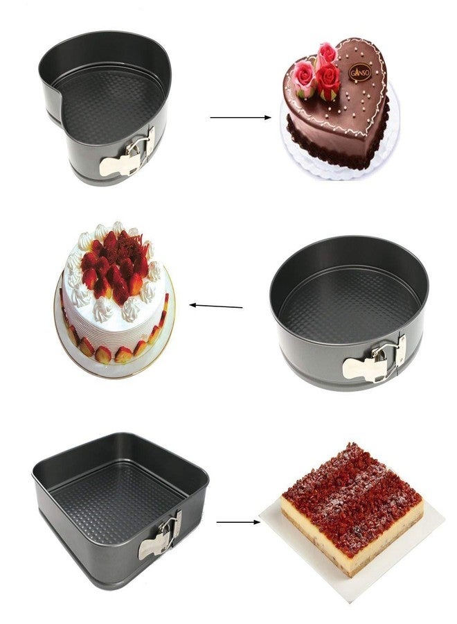 FB Cake Moulds for Microwave Oven Bakeware Spring Form Cake Mould Tin Set of 3 Pcs Mold Heart, Round & Square Shap (Black) - Image 4