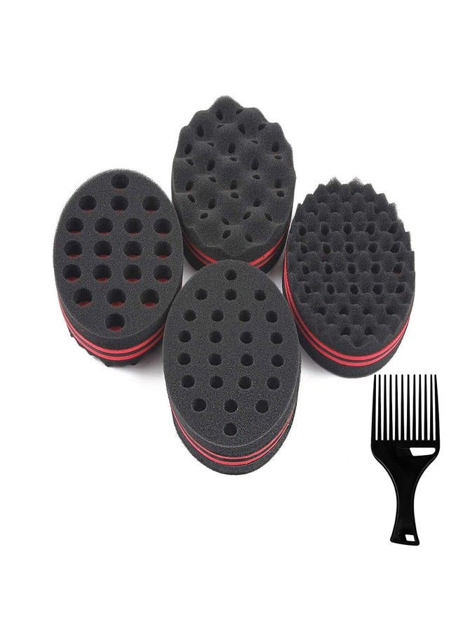 HALLO Set of 4 Big Holes Hair Brush Sponge Twist Wave Barber Tool For Dreads Afro Locs Twist Curl Black - Image 1