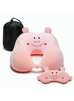 Travel Pillow for Kids and Adults Cute Animal Memory Foam Neck Pillow with Soft Fleece Cover and Eye Mask Set Airplane Pillow Travel Kit with Drawstring Organizer Bag Machine Washable (Hippo)