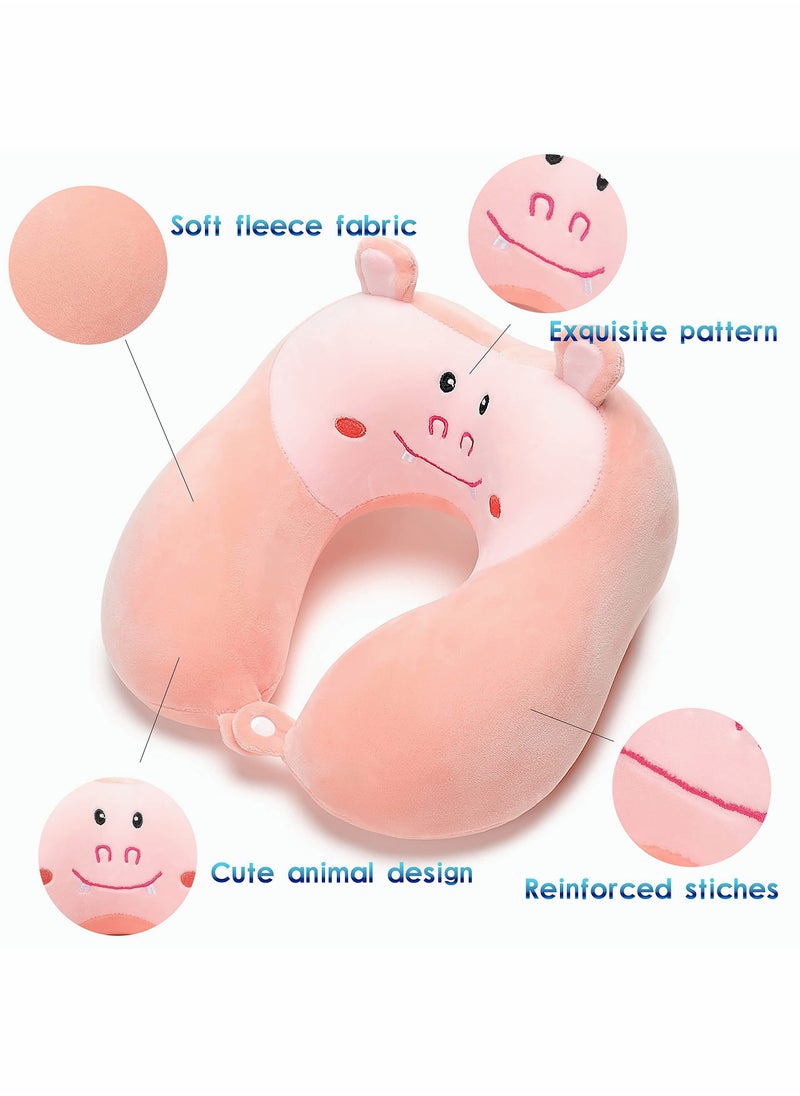 SYOSI - Travel Pillow for Kids and Adults Cute Animal Memory Foam Neck Pillow with Soft Fleece Cover and Eye Mask Set Airplane Pillow Travel Kit with Drawstring Organizer Bag Machine Washable (Hippo) - Image 1