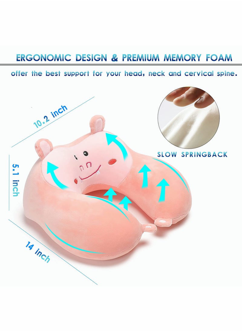 SYOSI - Travel Pillow for Kids and Adults Cute Animal Memory Foam Neck Pillow with Soft Fleece Cover and Eye Mask Set Airplane Pillow Travel Kit with Drawstring Organizer Bag Machine Washable (Hippo) - Image 1