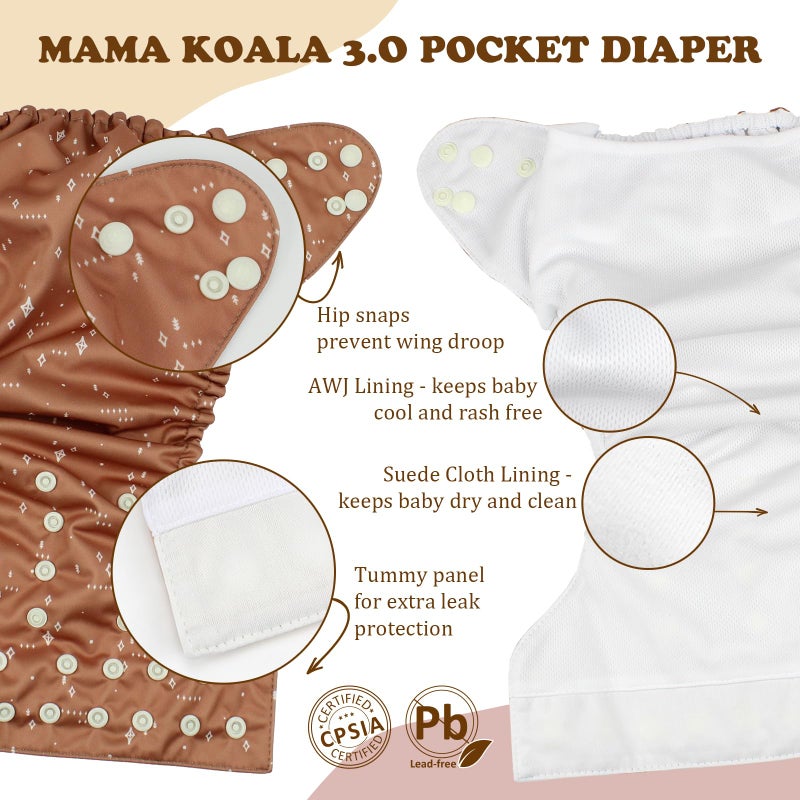 Mama Koala 3.0 Pocket Cloth Diapers for Babies with AWJ Lining, 6 Pack with 6 4-Layer Natural Cloth Diaper Inserts - Reusable and Washable Pocket Diapers(Simply Neutrals) - Image 5
