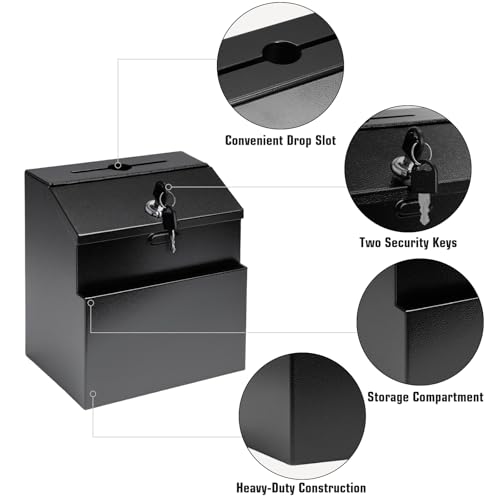 Sumerfnt Suggestion Box with Slot and Lock & 50 Suggestion Sheets Wall Mounted Comment Ballot and Donation Box with Lock Steel Black - Image 3