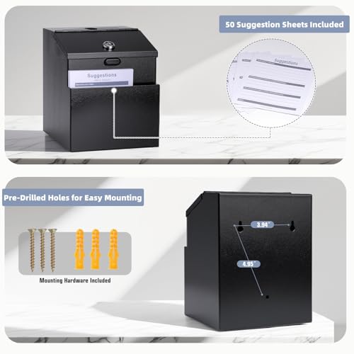 Sumerfnt Suggestion Box with Slot and Lock & 50 Suggestion Sheets Wall Mounted Comment Ballot and Donation Box with Lock Steel Black - Image 4
