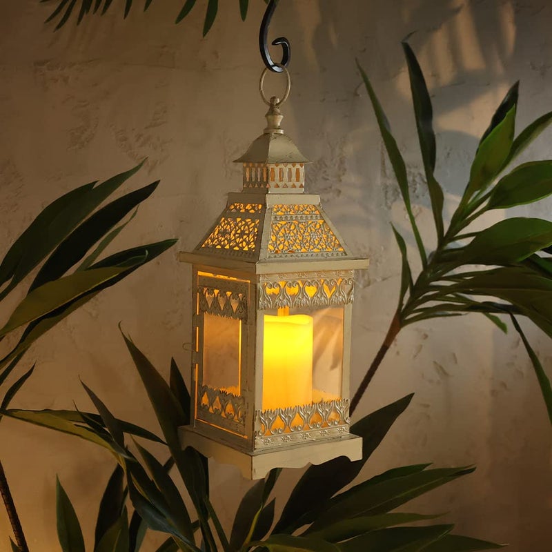 NEEDOMO Lanterns Decorative Outdoor & Indoor, Set of 2 Outdoor Lanterns for Porch,Large Square Candle Lantern, Beige Metal Frame with Glass for Fall, Christmas - Image 4