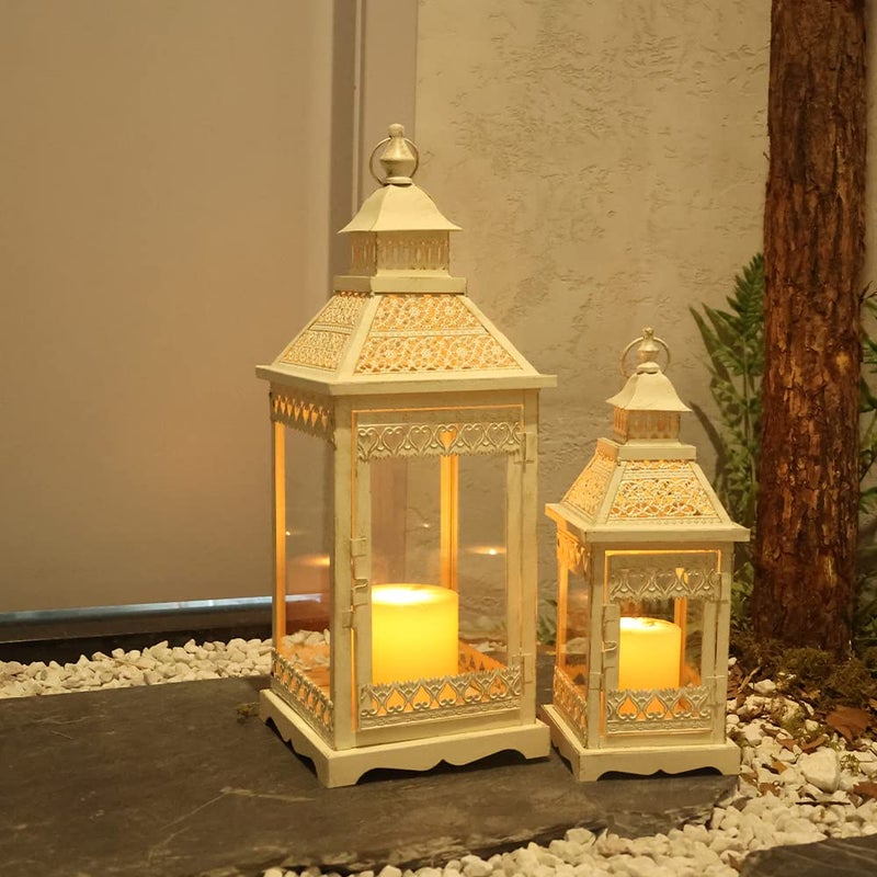 NEEDOMO Lanterns Decorative Outdoor & Indoor, Set of 2 Outdoor Lanterns for Porch,Large Square Candle Lantern, Beige Metal Frame with Glass for Fall, Christmas - Image 2