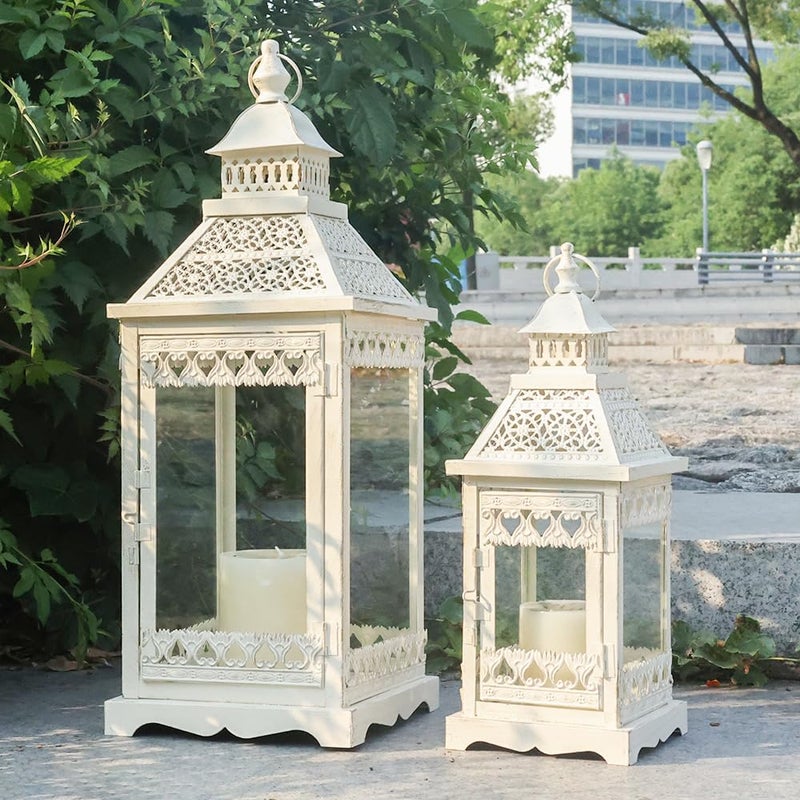 NEEDOMO Lanterns Decorative Outdoor & Indoor, Set of 2 Outdoor Lanterns for Porch,Large Square Candle Lantern, Beige Metal Frame with Glass for Fall, Christmas - Image 1