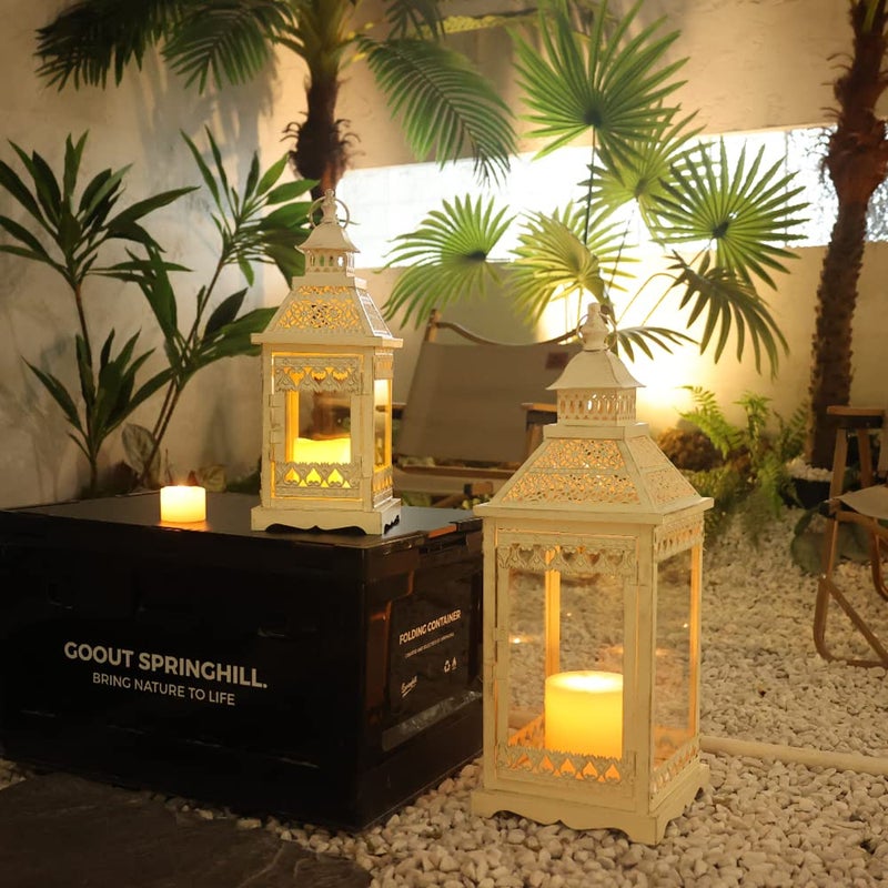 NEEDOMO Lanterns Decorative Outdoor & Indoor, Set of 2 Outdoor Lanterns for Porch,Large Square Candle Lantern, Beige Metal Frame with Glass for Fall, Christmas - Image 3