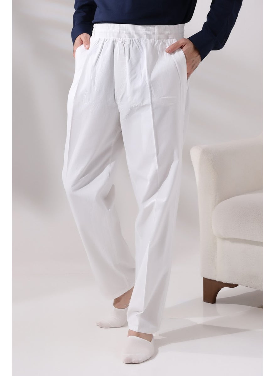 İhvan Online Men's White Comfortable Cut Elastic Waist Linen Hajj and Umrah Shalwar Trousers  - Image 1