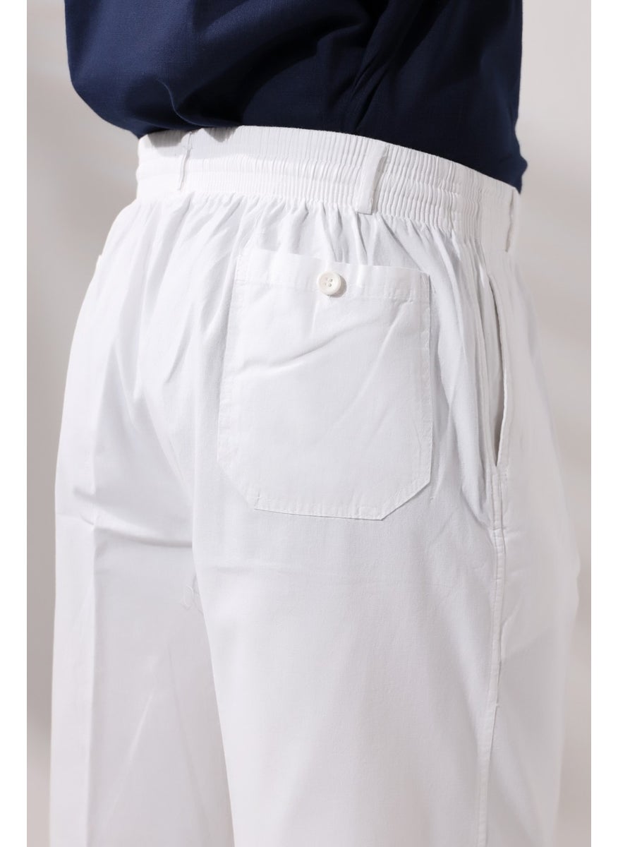 İhvan Online Men's White Comfortable Cut Elastic Waist Linen Hajj and Umrah Shalwar Trousers  - Image 4