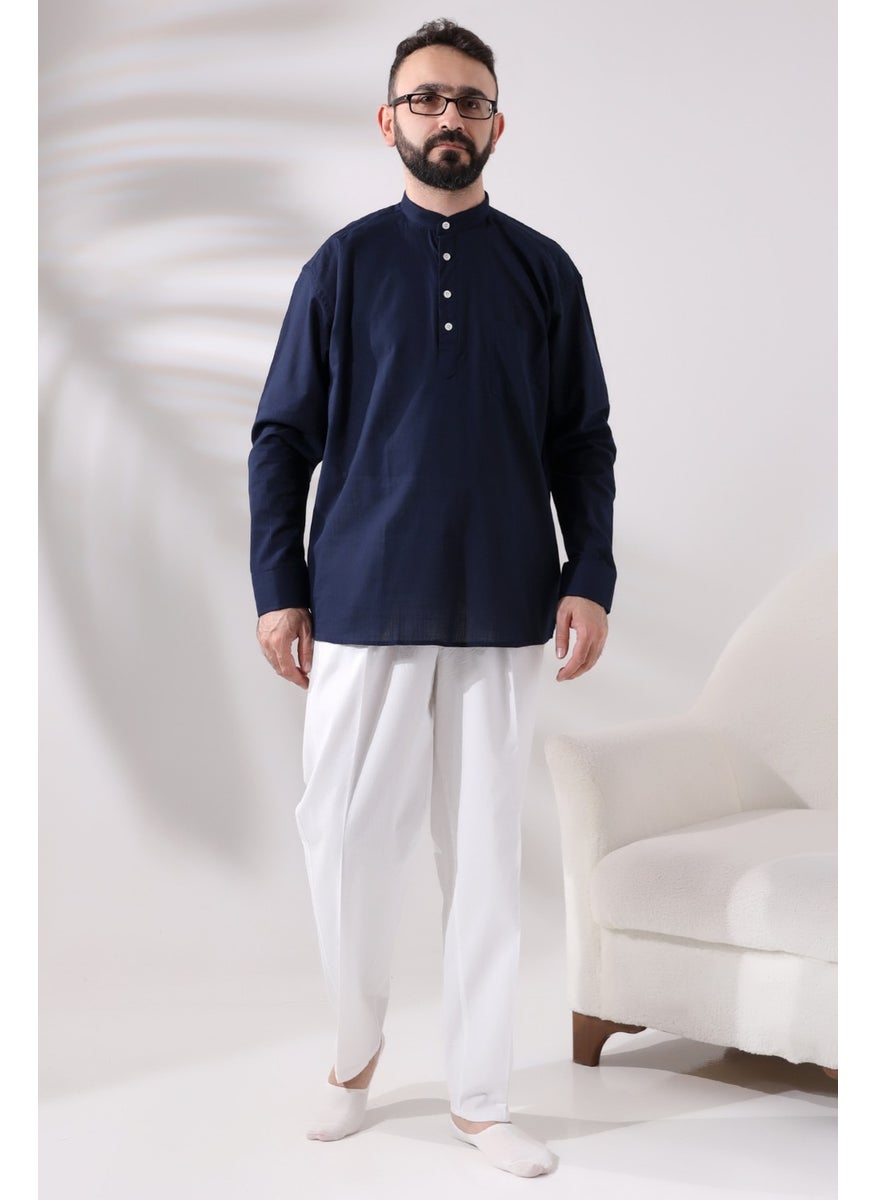 İhvan Online Men's White Comfortable Cut Elastic Waist Linen Hajj and Umrah Shalwar Trousers  - Image 5