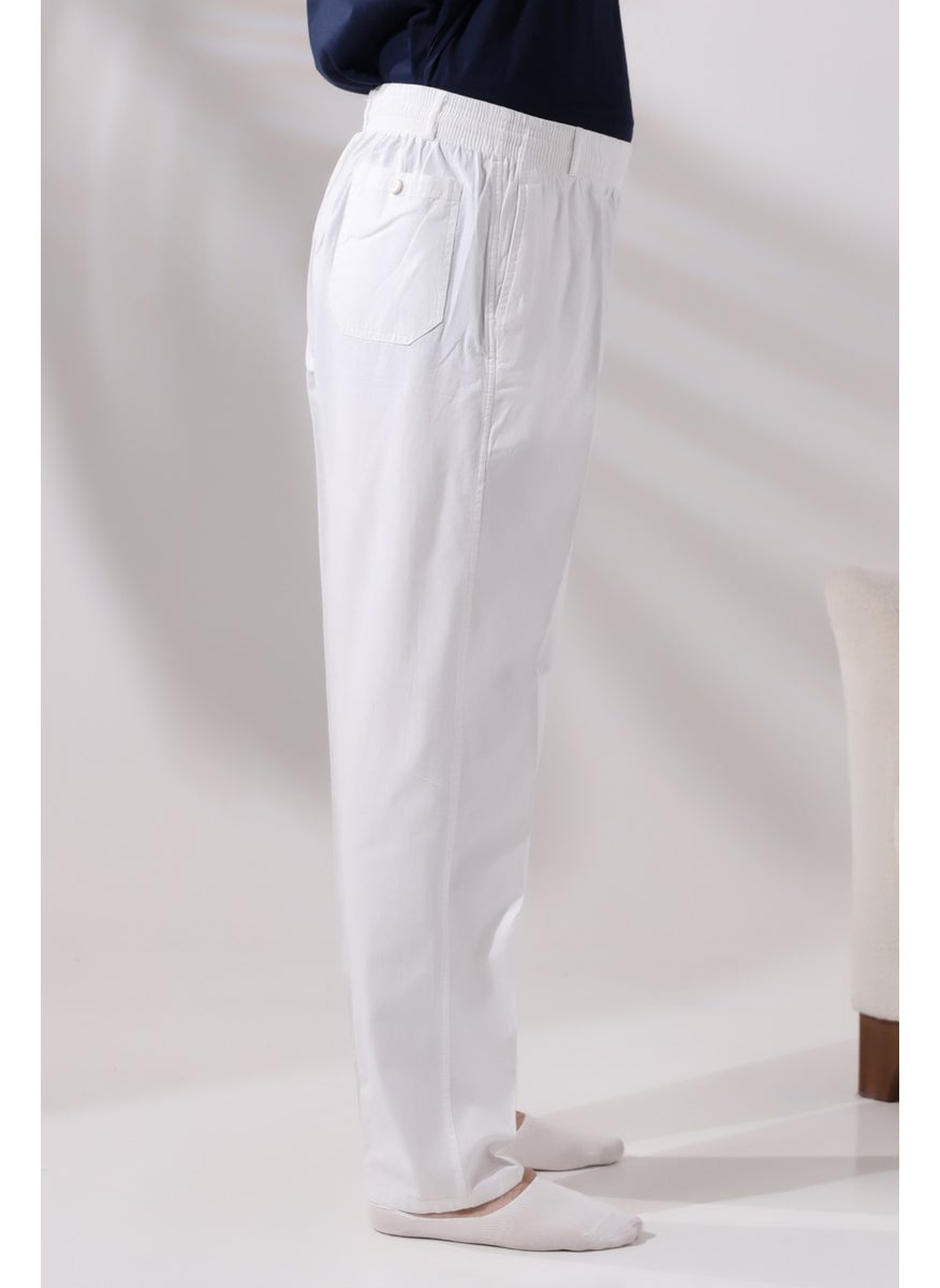 İhvan Online Men's White Comfortable Cut Elastic Waist Linen Hajj and Umrah Shalwar Trousers  - Image 3