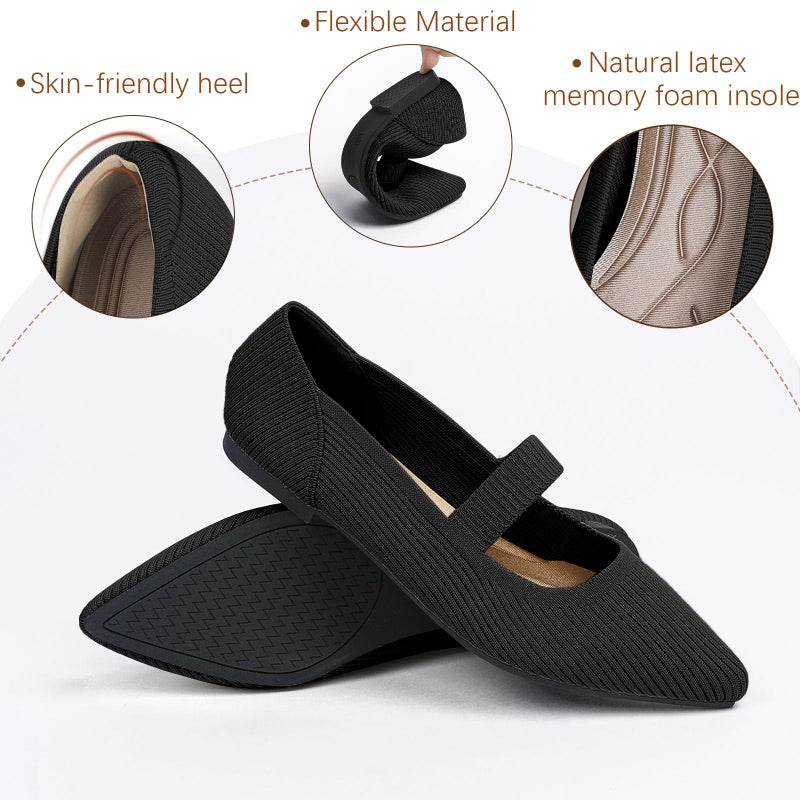 TINGRISE Women's Flats Shoes Pointed Toe Knit Washable Ballet Comfortable Dressy Mary Jane Flat Black US8 - Image 4