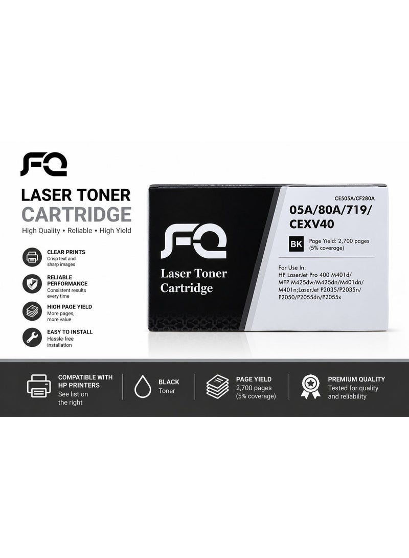 FQ Compatible 05A 80A CF280A/05A Black Toner Cartridge for HP LaserJet Pro M401, M410, M425, P2035 & P2055 Printers - Image 1