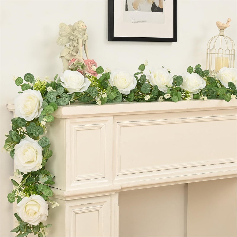Dolicer 4Pcs 26Ft Artificial Eucalyptus Garlands with Flowers - 8 Roses, Faux Floral Greenery Garlands Fake Flowers Vines for Wedding Table Centerpieces Arch Party Ceremony Backdrop Decor (White) - Image 5