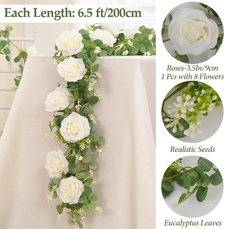 Dolicer 4Pcs 26Ft Artificial Eucalyptus Garlands with Flowers - 8 Roses, Faux Floral Greenery Garlands Fake Flowers Vines for Wedding Table Centerpieces Arch Party Ceremony Backdrop Decor (White) - Image 4