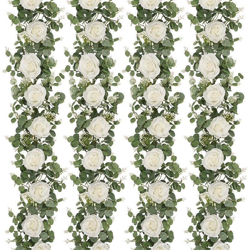 Dolicer 4Pcs 26Ft Artificial Eucalyptus Garlands with Flowers - 8 Roses, Faux Floral Greenery Garlands Fake Flowers Vines for Wedding Table Centerpieces Arch Party Ceremony Backdrop Decor (White) - Image 1