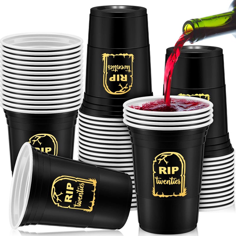 Rtteri 48 Pack Death to My 20s Decorations 16 oz Rip to My 20s Cups 30th Birthday Decorations for Him Disposable Party Thick Plastic Twenties Birthday Cups for WomenGold Black