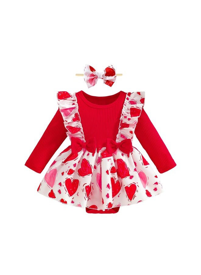 WOLBAY Newborn Infant Valentines Baby Girl Outfit Love Print Romper Drees Ruffles Bodysuit Jumpsuit Clothes And Headband (Red, 3-6 Months) - Image 1