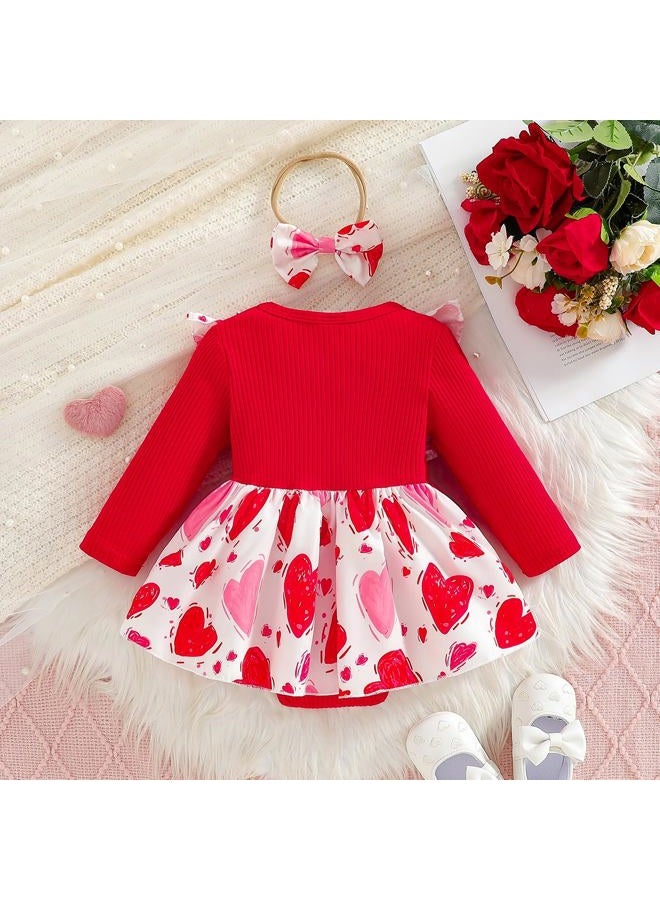 WOLBAY Newborn Infant Valentines Baby Girl Outfit Love Print Romper Drees Ruffles Bodysuit Jumpsuit Clothes And Headband (Red, 3-6 Months) - Image 3