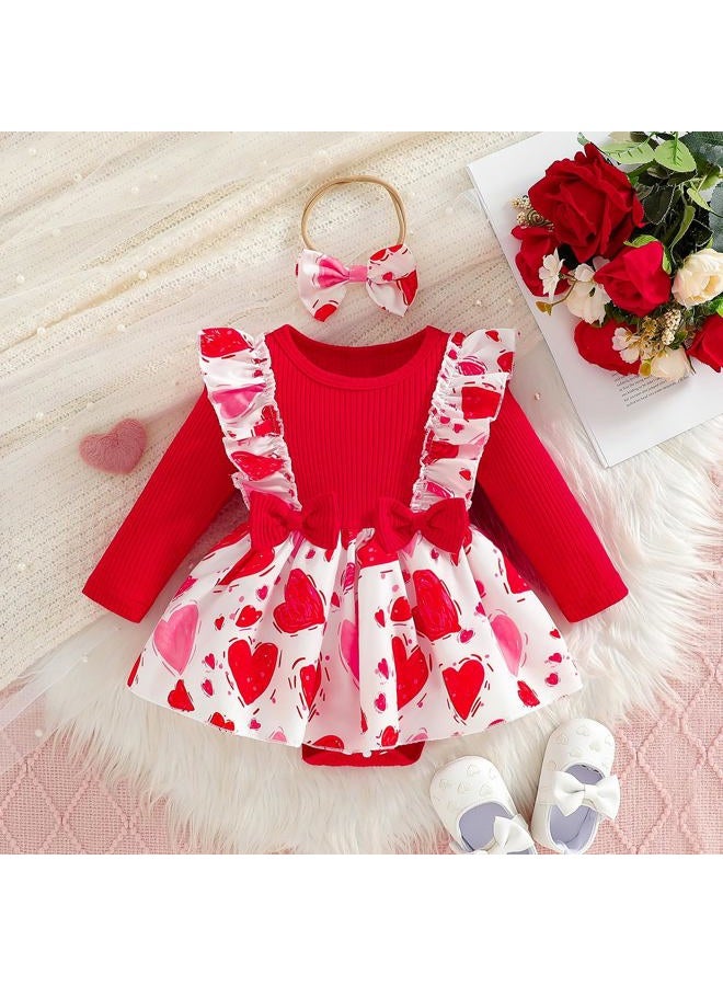WOLBAY Newborn Infant Valentines Baby Girl Outfit Love Print Romper Drees Ruffles Bodysuit Jumpsuit Clothes And Headband (Red, 3-6 Months) - Image 2