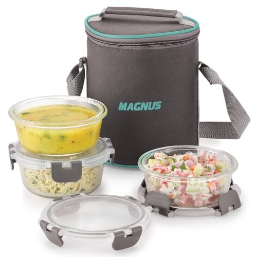 Magnus Glock Solid Glass Lunch Box with Vertical Pouch and Detachable Clip, Includes 3 Round Airtight, Leakproof, Microwave Safe Borosilicate Glass Containers, 400 ML Each - Premium Lunch Boxes - Image 1