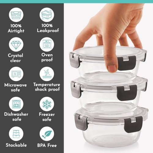Magnus Glock Solid Glass Lunch Box with Vertical Pouch and Detachable Clip, Includes 3 Round Airtight, Leakproof, Microwave Safe Borosilicate Glass Containers, 400 ML Each - Premium Lunch Boxes - Image 5