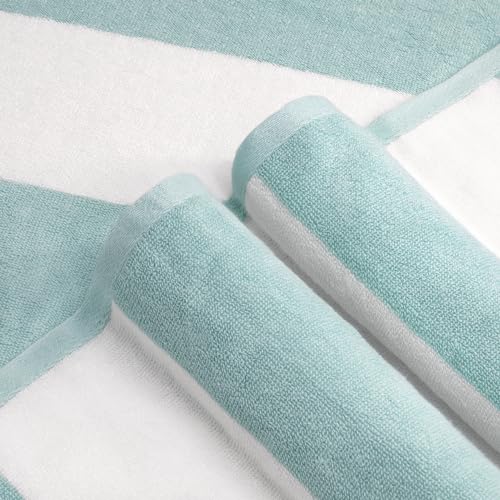 CLOWOOD Plush Oversized Beach Towel - Cotton 40 x 70 Inch Large Thick Aqua Striped Cabana Pool Swimming Towel - Image 2