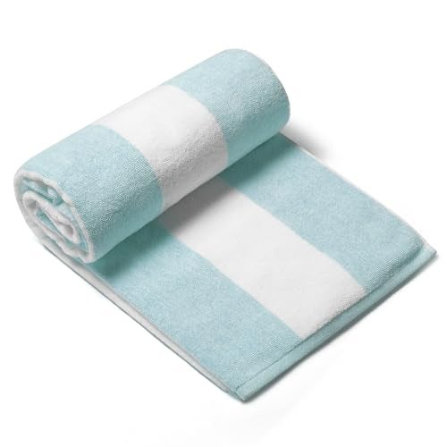 CLOWOOD Plush Oversized Beach Towel - Cotton 40 x 70 Inch Large Thick Aqua Striped Cabana Pool Swimming Towel - Image 1