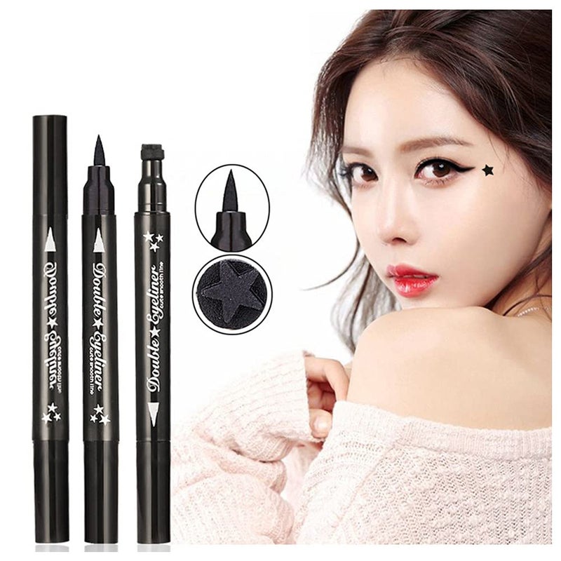 Pinkiou 2 in 1 Double-headed Liquid Eyeliner Pen Stamp Super Slim Gel Felt Tip High Pigment Black Waterproof Smudgeproof Long Lasting Tattoo Makeup Tool(Star) - Image 3