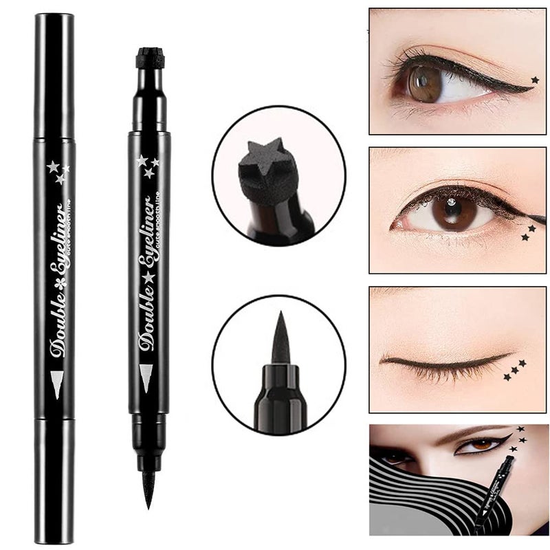 Pinkiou 2 in 1 Double-headed Liquid Eyeliner Pen Stamp Super Slim Gel Felt Tip High Pigment Black Waterproof Smudgeproof Long Lasting Tattoo Makeup Tool(Star) - Image 2