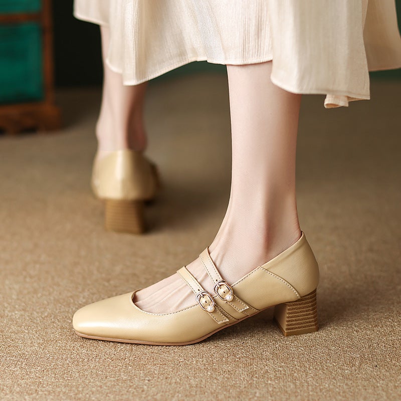 Supply Spring 2024 Wood Grain Mid-Heel Women'S Shoes 31-43 Square Head Pearl Double-Breasted Shallow-Mouth Shoes - Image 2