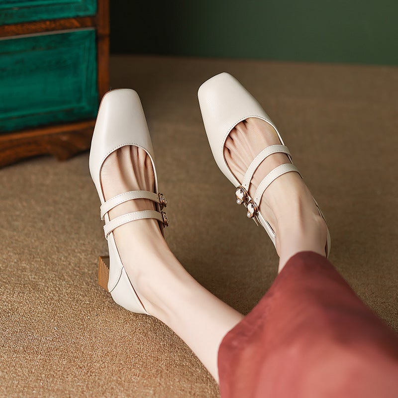 Supply Spring 2024 Wood Grain Mid-Heel Women'S Shoes 31-43 Square Head Pearl Double-Breasted Shallow-Mouth Shoes - Image 3