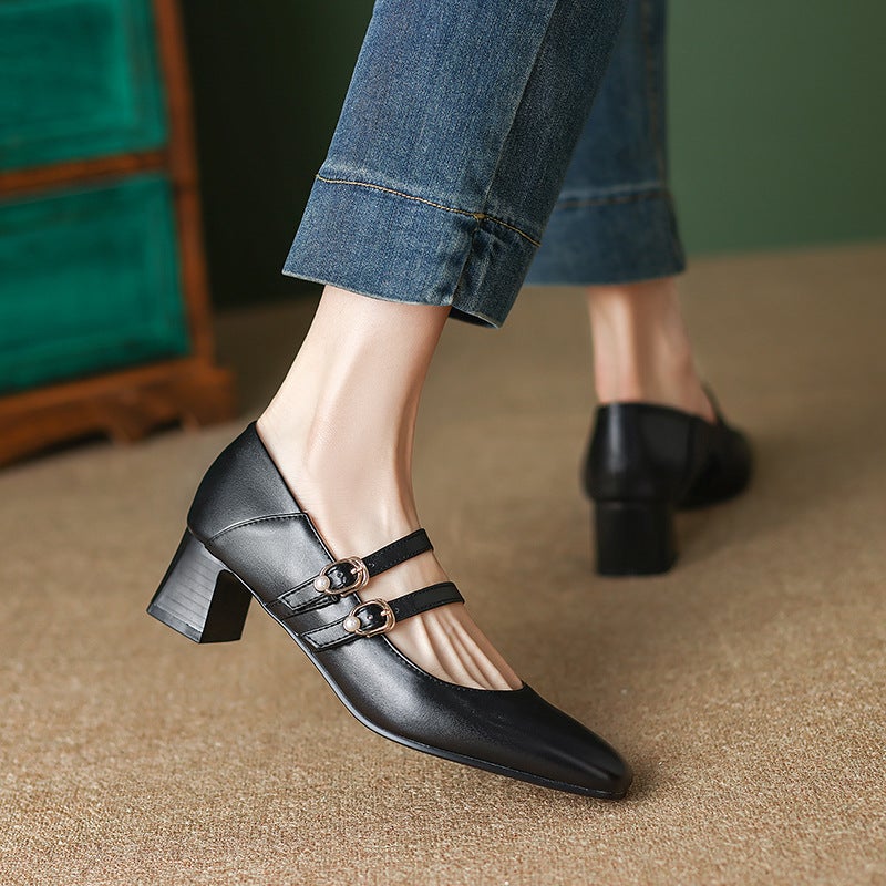 Supply Spring 2024 Wood Grain Mid-Heel Women'S Shoes 31-43 Square Head Pearl Double-Breasted Shallow-Mouth Shoes - Image 4