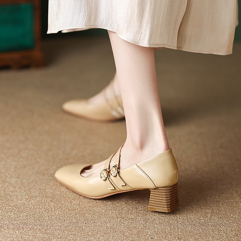 Supply Spring 2024 Wood Grain Mid-Heel Women'S Shoes 31-43 Square Head Pearl Double-Breasted Shallow-Mouth Shoes - Image 5