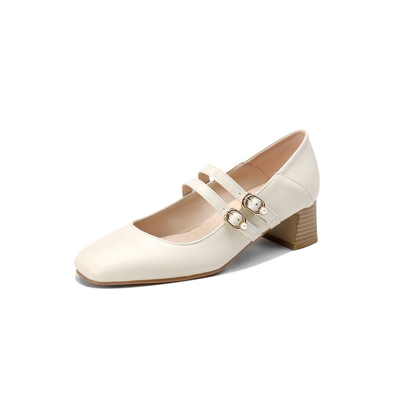 Supply Spring 2024 Wood Grain Mid-Heel Women'S Shoes 31-43 Square Head Pearl Double-Breasted Shallow-Mouth Shoes - Image 1