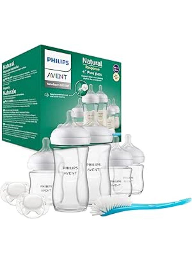 Avent Philips Avent Natural Response Newborn Glass Gift Set - 5 x Baby Bottles, 2 x Philips Avent Ultra Soft Soother 0-6 Months, Bottle Brush, BPA Free - Image 1