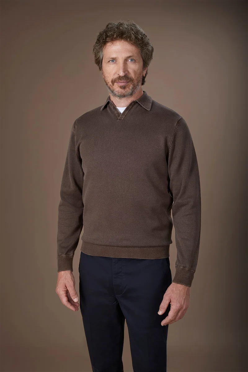 Men's long-sleeved polo shirt in 100% cotton - Brown
