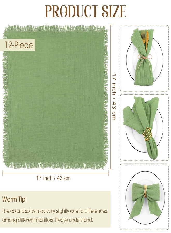 TURSTIN 12 Pieces Cotton Linen Cloth Napkin Handmade Cloth Napkin with Fringe 17 x 17 Inch Soft Dinner Wedding Napkins Square Rustic Fringe Table Napkins for Dinners, Parties, Weddings, Sage Green - Image 2