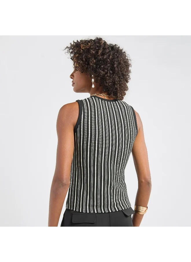 FAV Striped Sleeveless V-neck Top with Button Closure