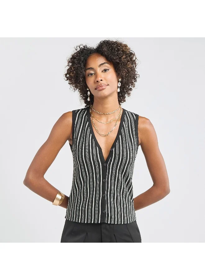 Splash FAV Striped Sleeveless V-neck Top with Button Closure