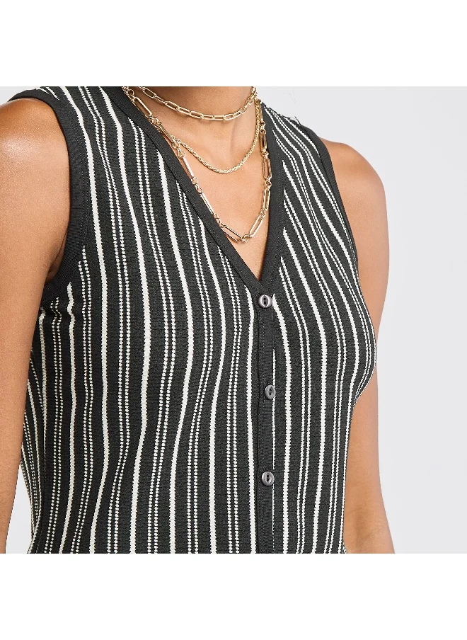 FAV Striped Sleeveless V-neck Top with Button Closure