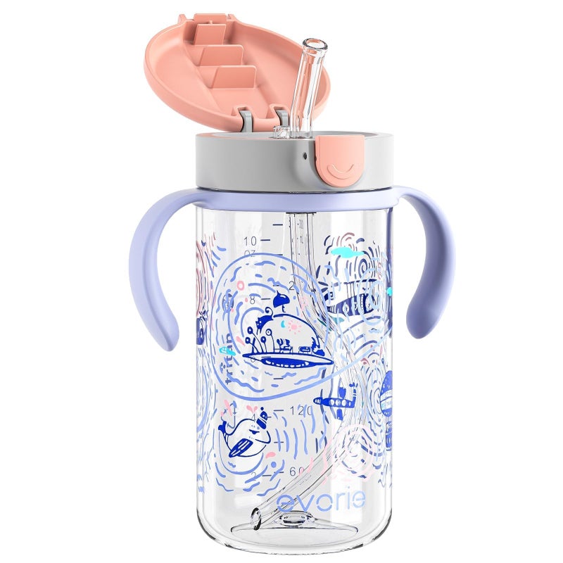 Evorie Tritan Spill Proof Toddler Straw Sippy Cup, 10 oz for Baby and Toddlers 1-3 Years Old, No Spill Straw Water Bottle with Removable Handles, Ideal for School, BPA-Free, Travel in Space - Image 1