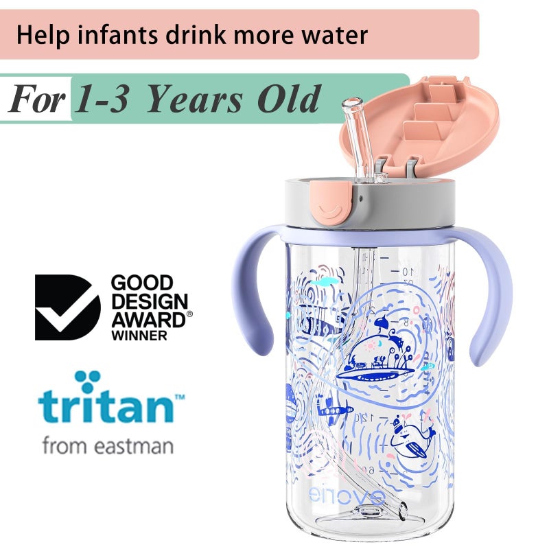 Evorie Tritan Spill Proof Toddler Straw Sippy Cup, 10 oz for Baby and Toddlers 1-3 Years Old, No Spill Straw Water Bottle with Removable Handles, Ideal for School, BPA-Free, Travel in Space - Image 2