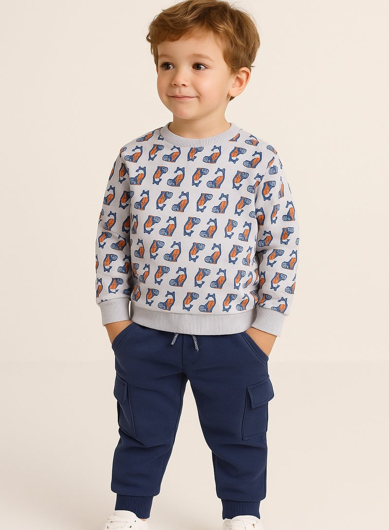 ديركجي طقم رياضي صوف للأولاد بتصميم ثعلب – كريمي وكحلي قطعتين - Image 1