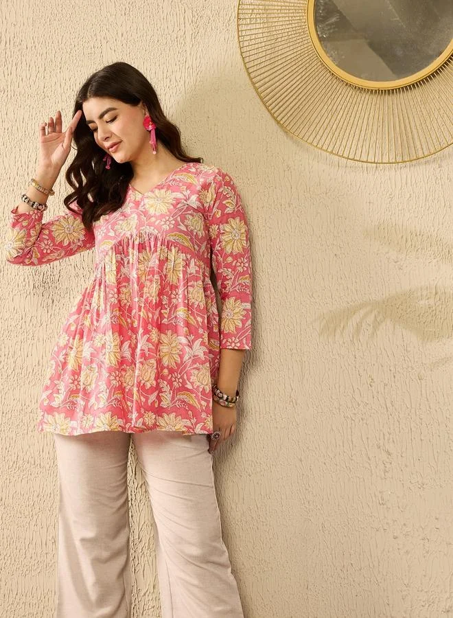 Take Two  Pink Floral Printed V-Neck Peplum Tunic Top By  AHIKA for Women | Best Price UAE