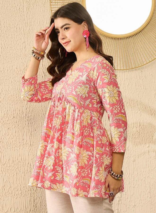 Take Two  Pink Floral Printed V-Neck Peplum Tunic Top By  AHIKA for Women | Best Price UAE