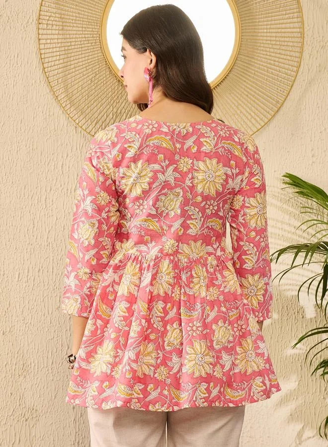 Take Two  Pink Floral Printed V-Neck Peplum Tunic Top By  AHIKA for Women | Best Price UAE